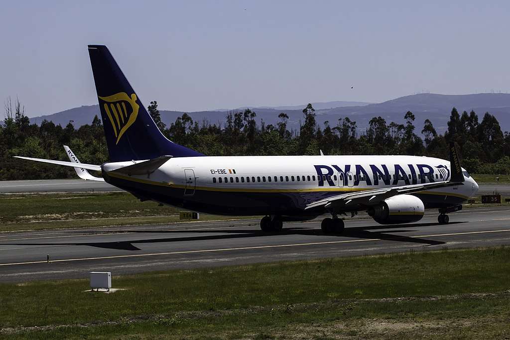 A Ryanair Boeing an the taxiway in Spain.