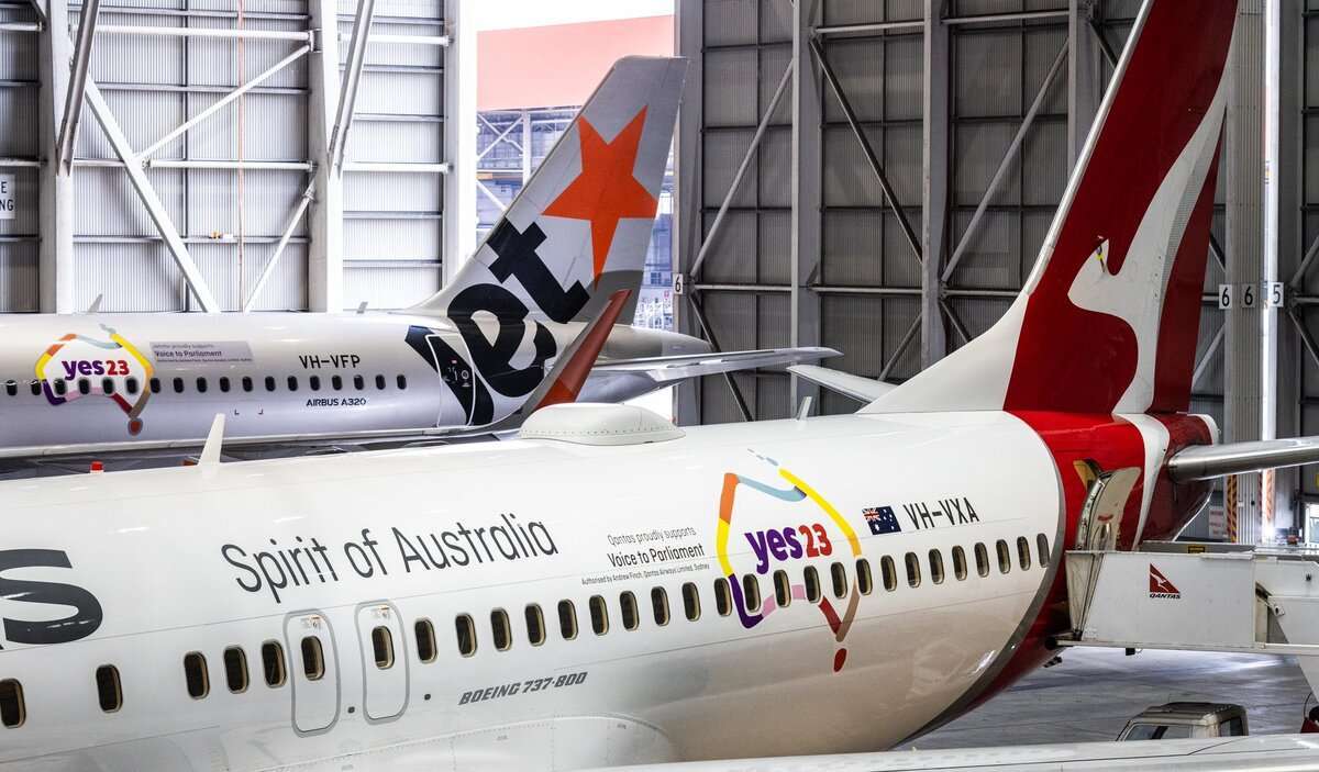 New Qantas Group livery showing Indigenous Voice to Parliament support.