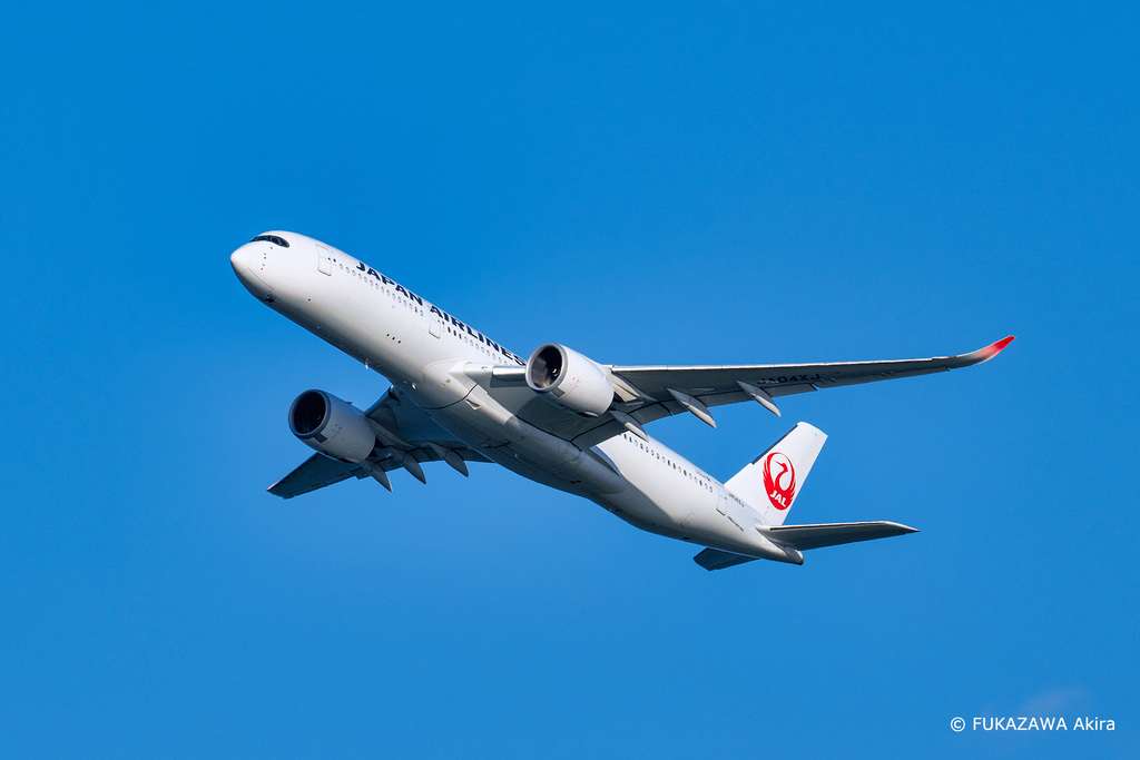 A Japan Airlines A350 climbing out.