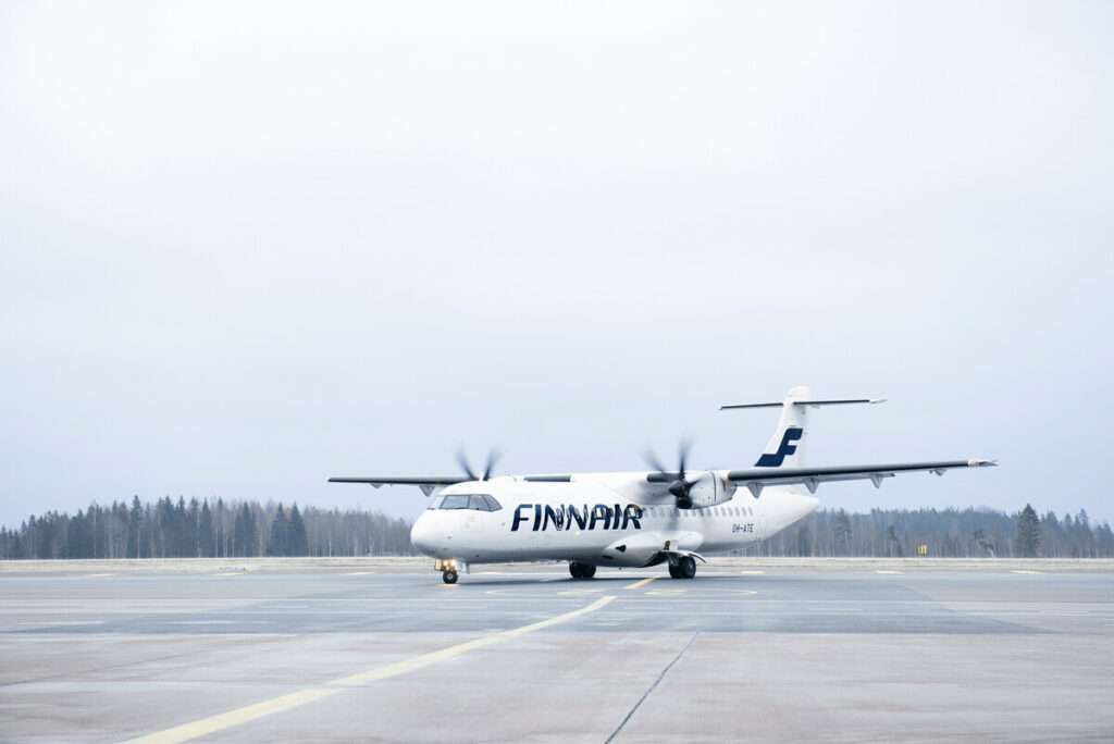 A Finnair ATR aircraft prepares for takeoff.