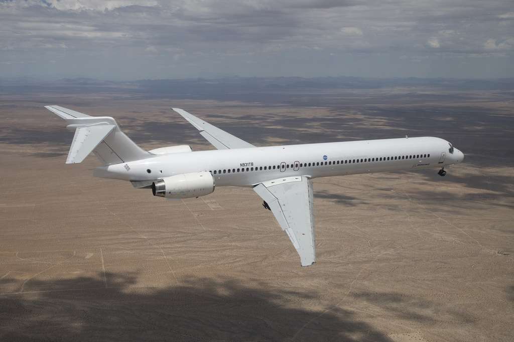 The Boeing NASA project MD90 aircraft in flight.