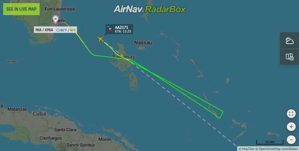 Flight track of American Airlines flight AA2171 from Miami - Santo Domingo showing return to Miami.