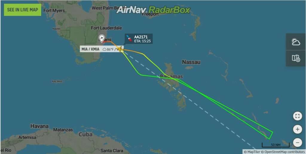 Flight track of American Airlines flight AA2171 from Miami - Santo Domingo showing return to Miami.