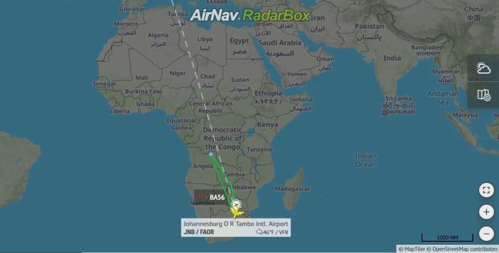 Flight path of BA56, showing return to Johannesburg after closure of Niger airspace.
