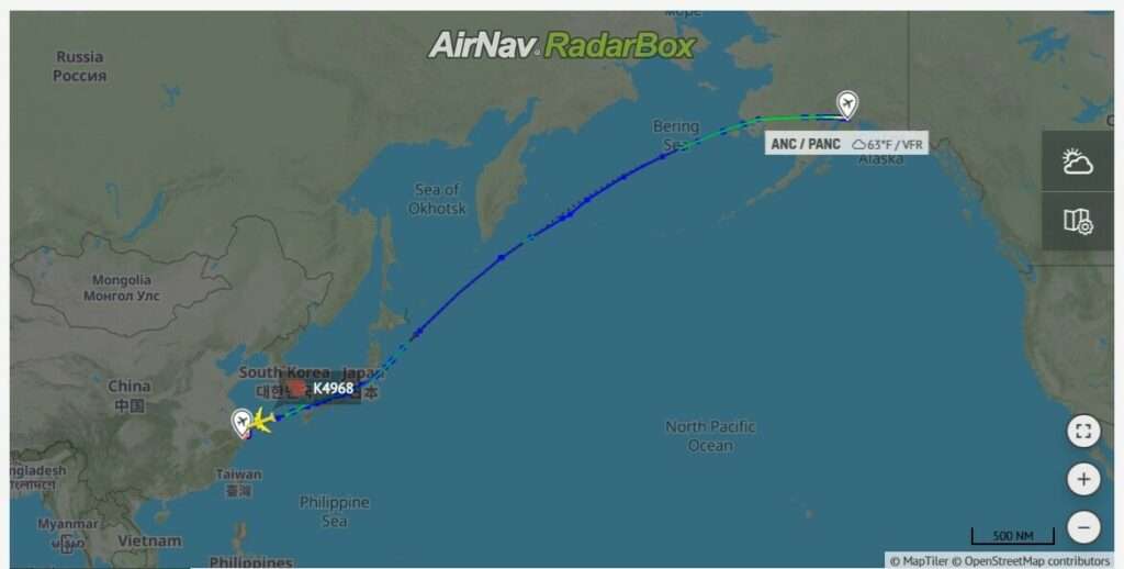 Flight path of Kalitta Air freighter from Anchorage to Ningbo, China.