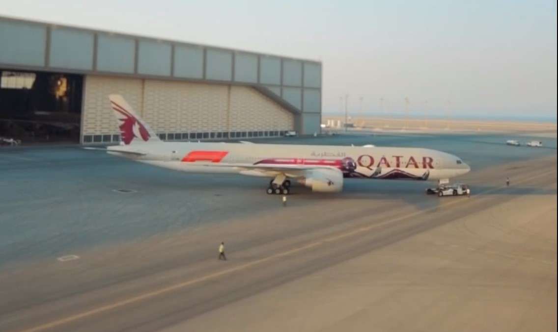 A Qatar Airways Boeing 777 painted in custom Formula 1 livery