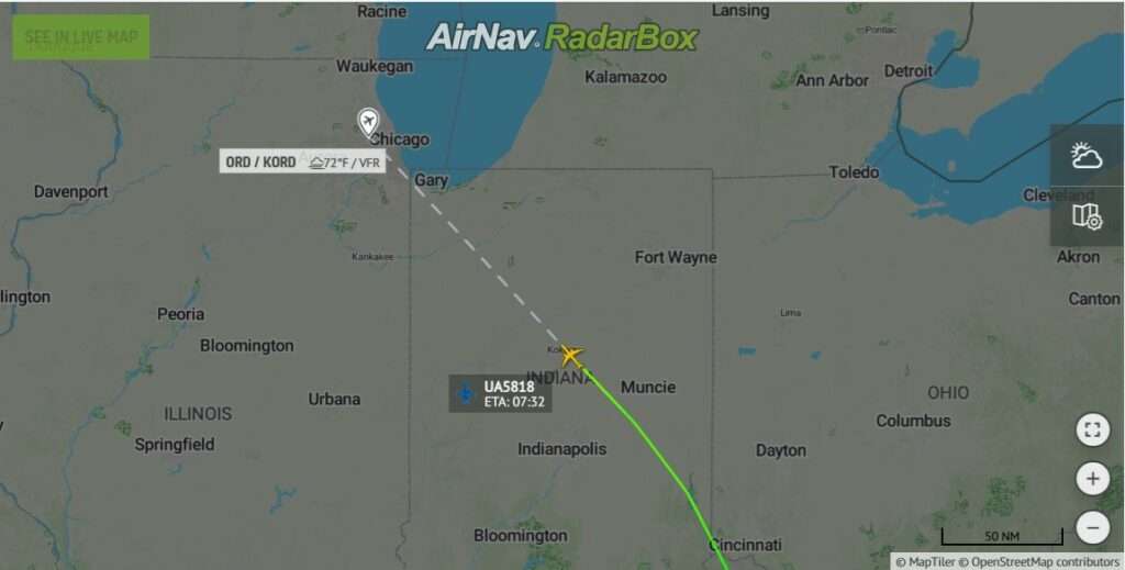 Flight track of United Airlines flight UA5818 to Chicago.