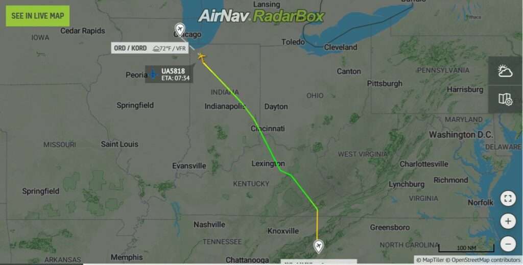 Flight track of United Airlines flight UA5818 to Chicago, showing aircraft over Indiana.