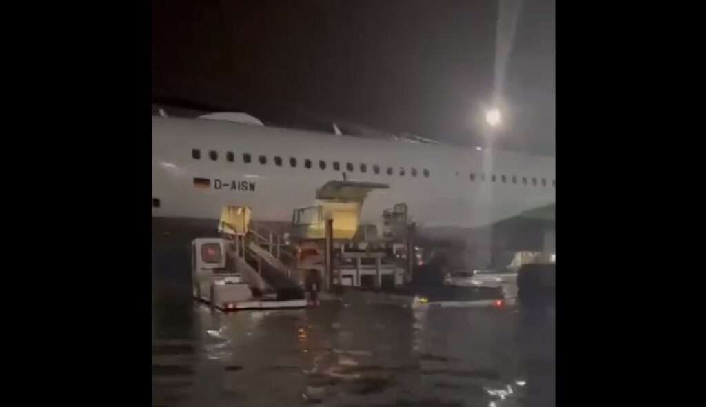 A Lufthansa jet in floodwaters at Frankfurt Airport