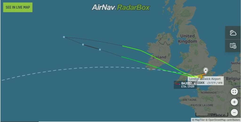 Flight plan for BA2037 London to Orlando, showing return to London.