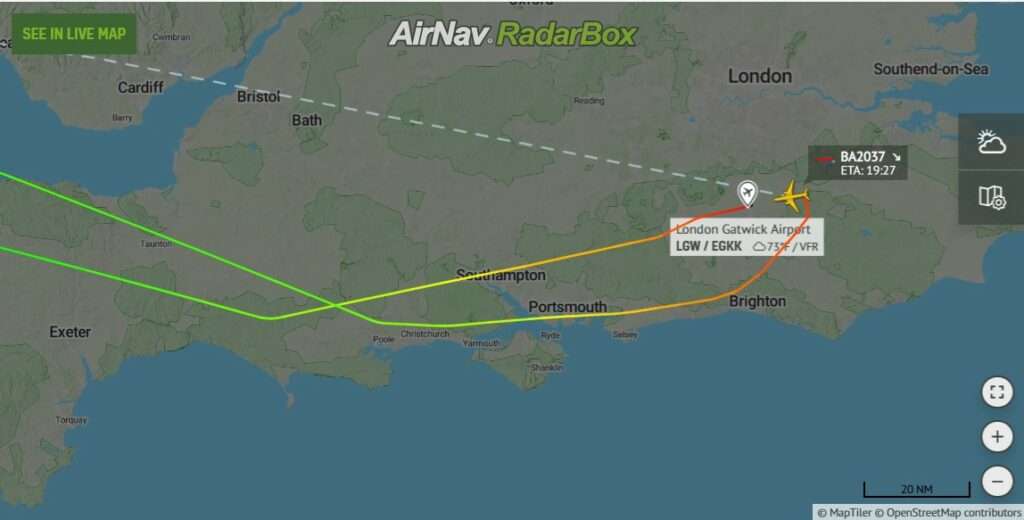 Flight plan for BA2037 London to Orlando, showing return to London.