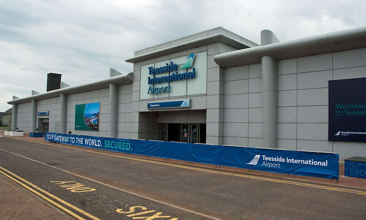 Exterior view of Teesside Airport terminal.