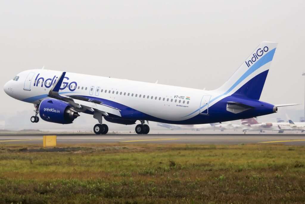 An IndiGo Airbus A320neo lands.