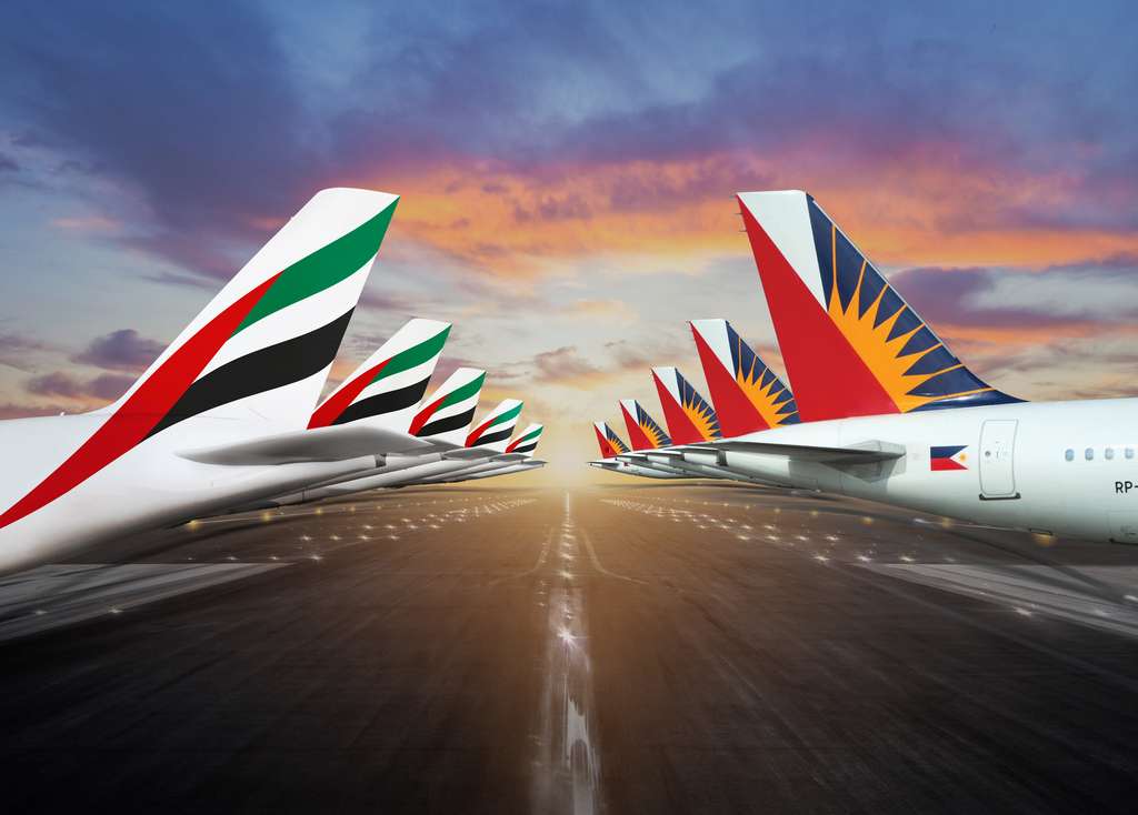 Render of tailplanes of Emirates and Philippine Airlines aircraft.