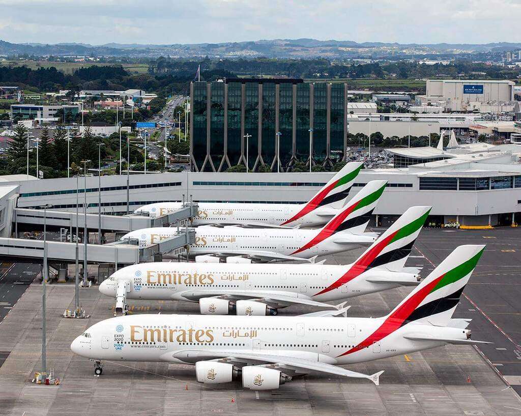 Four Emirates A380s parked in Auckland New Zealand