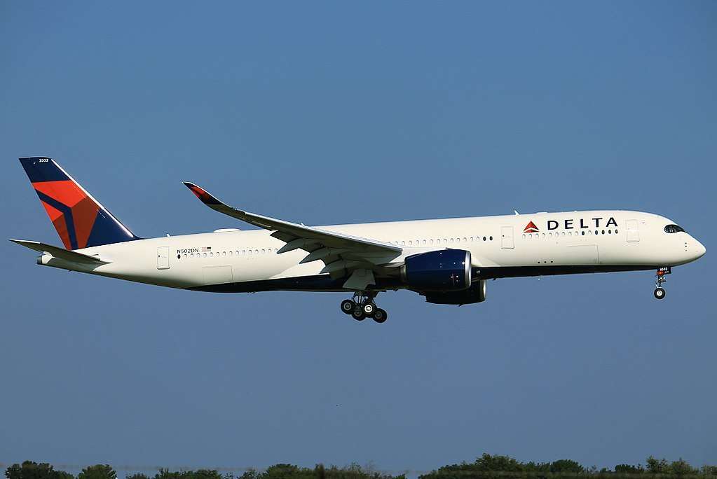 A Delta Air Lines A350 approaches to land.