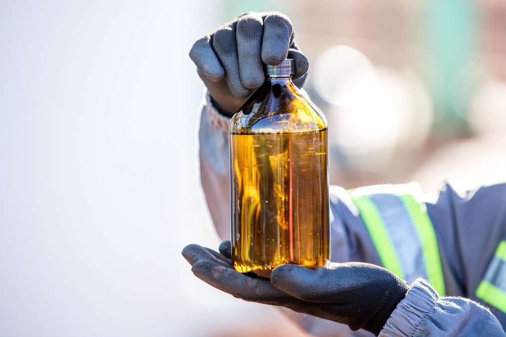 A bottle of sustainable aviation fuel