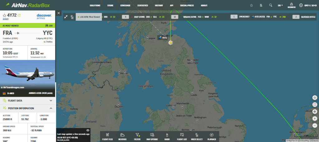 In the last few moments, a Discover Airlines Airbus A330-300 from Frankfurt to Calgary has declared an emergency and has diverted to Manchester.
