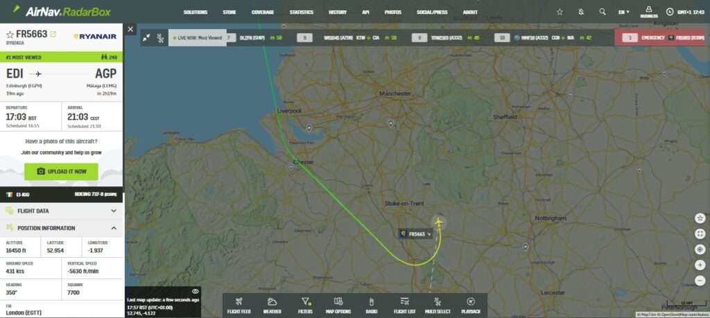 In the last few moments, a Ryanair flight from Edinburgh to Malaga has declared an emergency over the Stoke-on-Trent area, and is diverting to Manchester.