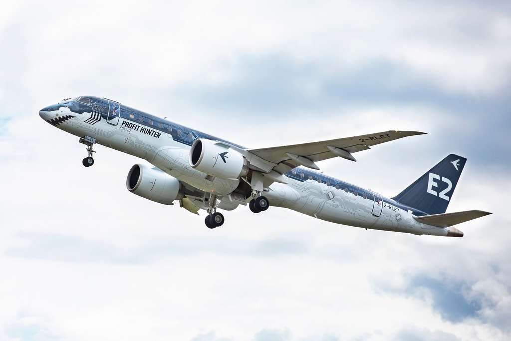 An Embraer E2 jet in flight.