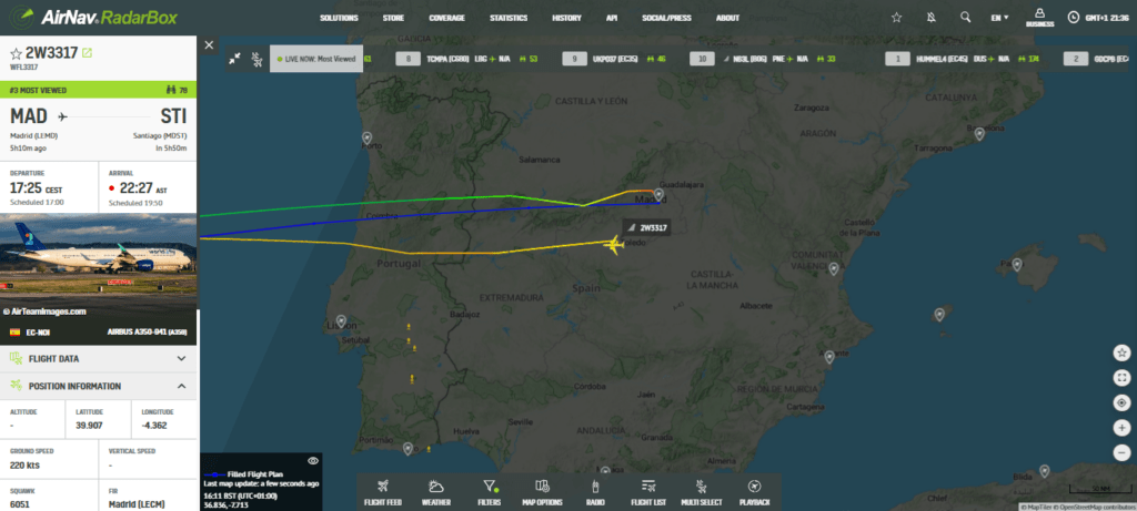 World2fly A350 Bound for Santiago Returns to Madrid