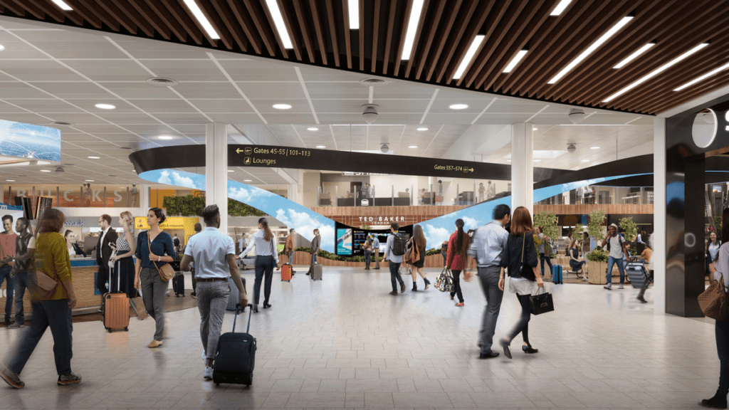 Render of new Gatwick Airport North Terminal interior.