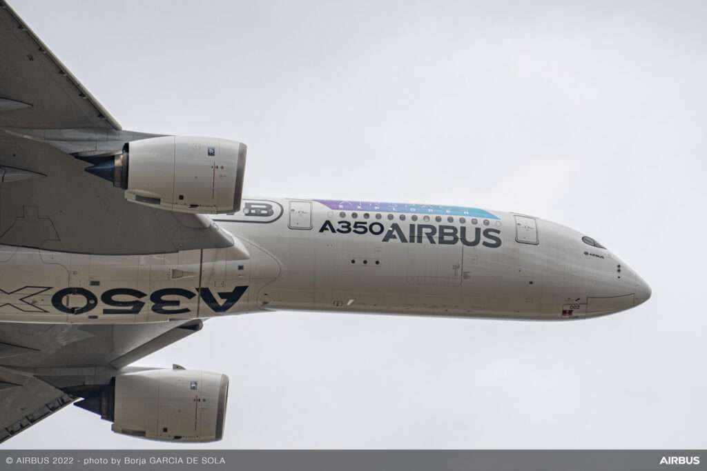 Close up of an Airbus A350 in flight.