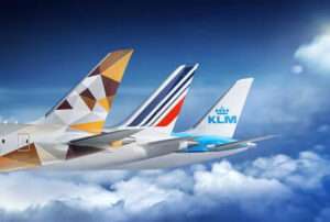 Render of Air France KLM and Etihad aircraft tails together.