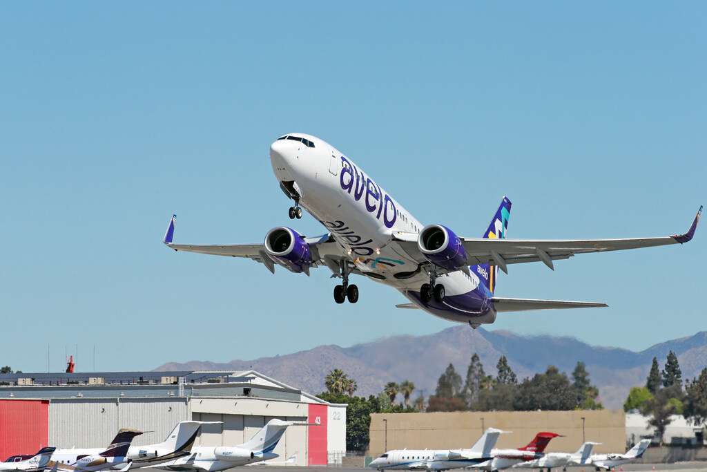 An Avelo Airlines 737 takes off.