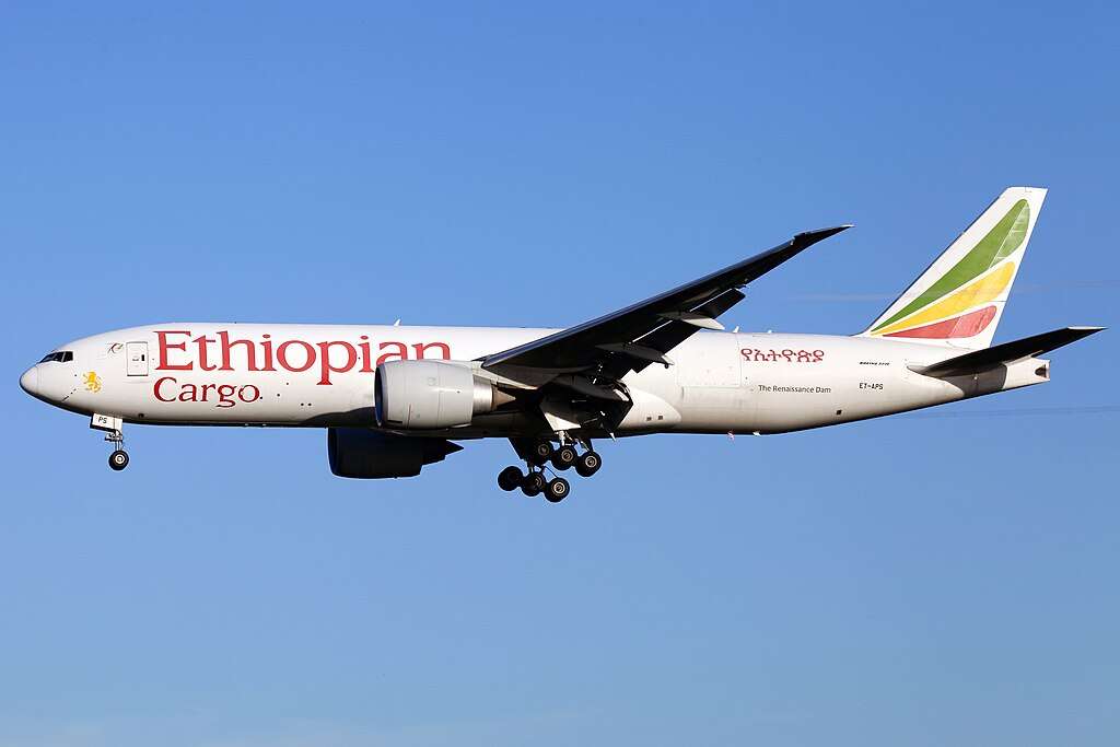 An Ethiopian Cargo freighter in flight.