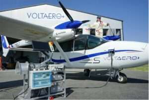 A VoltAero electric-hybrid aircraft is fuelled.