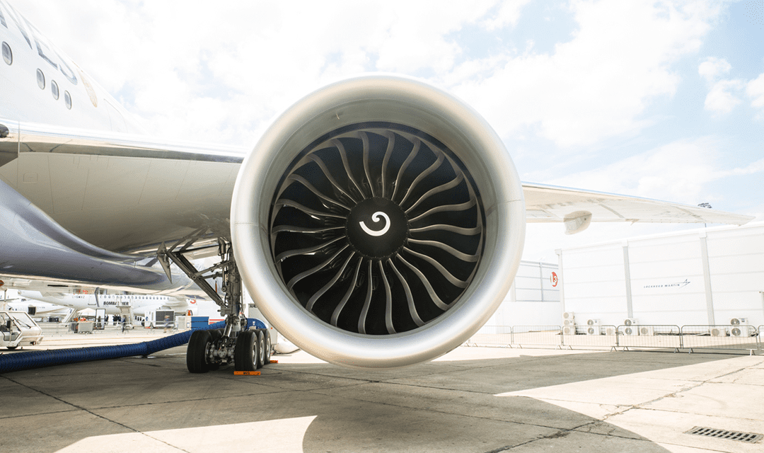 Front view of GE Aerospace GE90 engine.