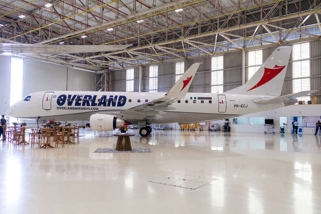 An Overland Airways E175 in the hangar