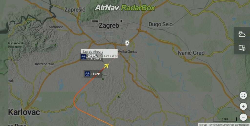 Flight plan truck of LH691 from Tel Aviv to Frankfurt. Shows a detour to Zagreb.