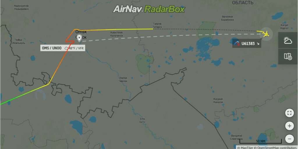 Flight track of Ural airlines flight from Sochi to Omsk, showing diversion to Novosibirsk region.