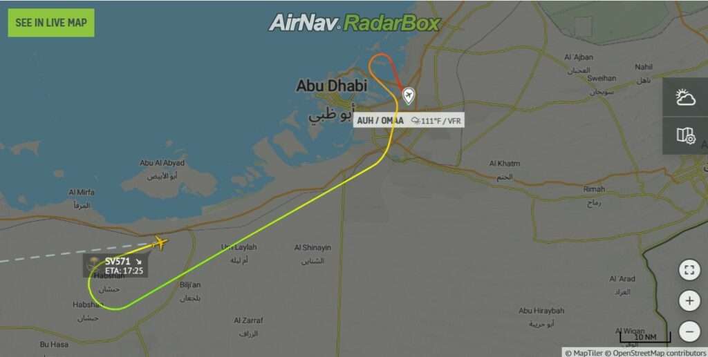 Flight track of SAUDIA flight SV571 Abu Dhabi to Jeddah showing return to Abu Dhabi.