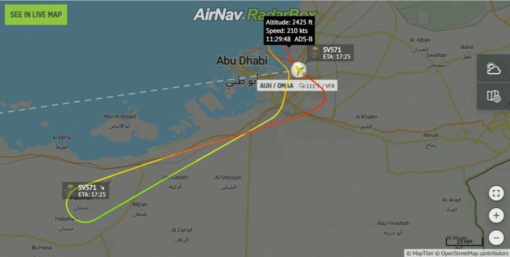 Flight track of SAUDIA flight SV571 Abu Dhabi to Jeddah showing return to Abu Dhabi.