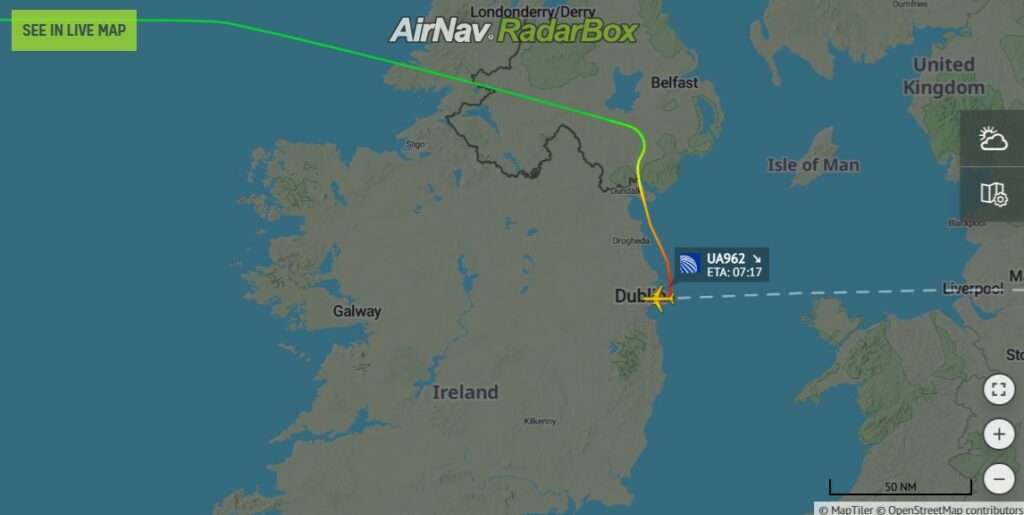 Flight track of United Airlines UA962 New York to Berlin, showing diversion to Dublin.