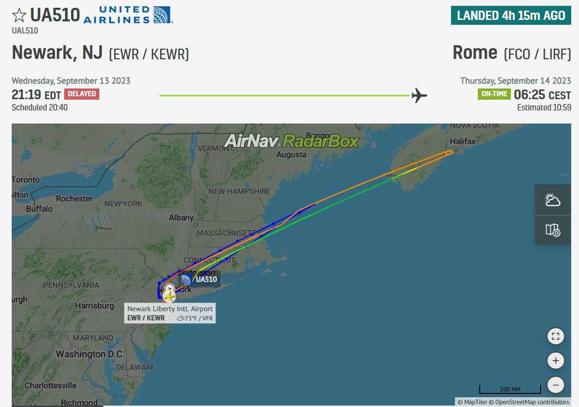 United Airlines 777 to Rome makes return to New York Newark