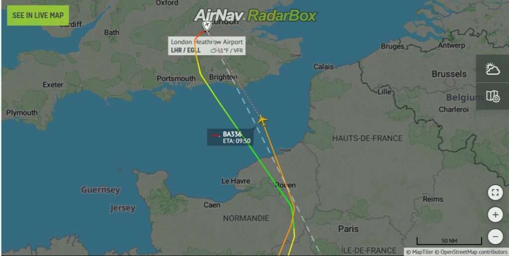 Flight track of British Airways flight BA336 London - Marseilles showing return to London.