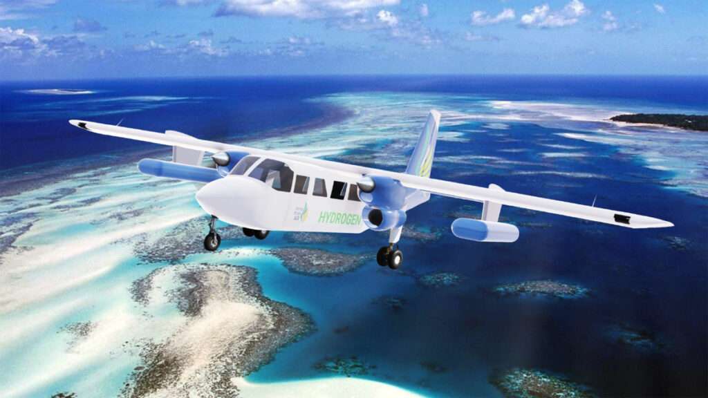 Render of a Torres Strait Air hydrogen-electric Islander in flight.