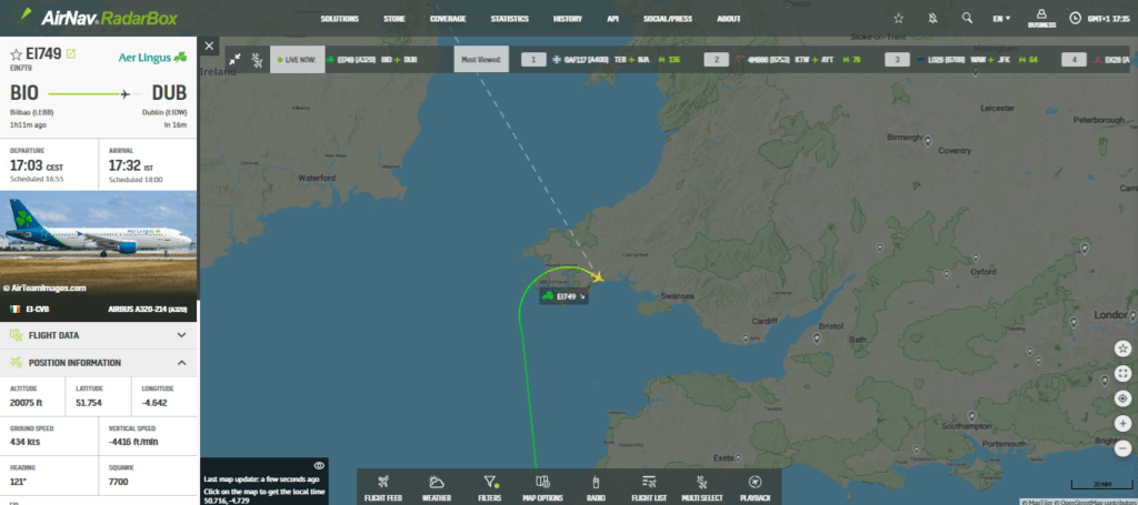In the last few moments, an Aer Lingus Airbus A320 from Bilbao to Dublin has declared an emergency near Cardiff.