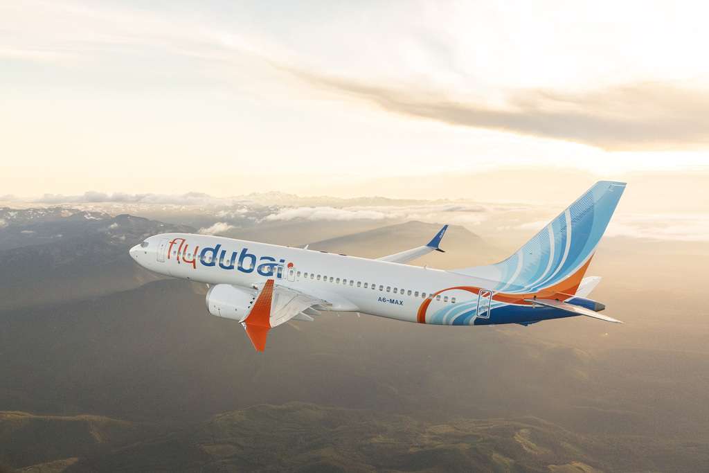 Flydubai Boeing 737 MAX 8 photographed in flight.
