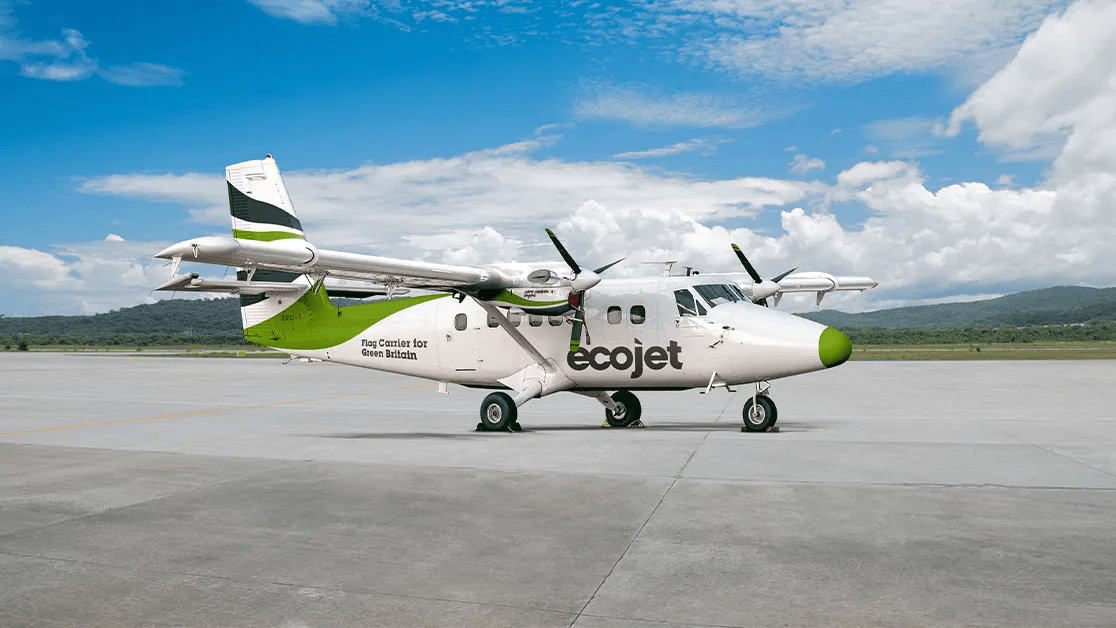 Render of an Ecojet Twin Otter aircraft on the tarmac.
