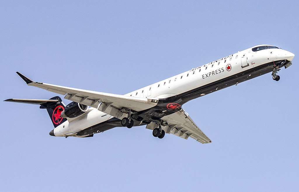 A Jazz Aviation Air Canada Express jet in flight.