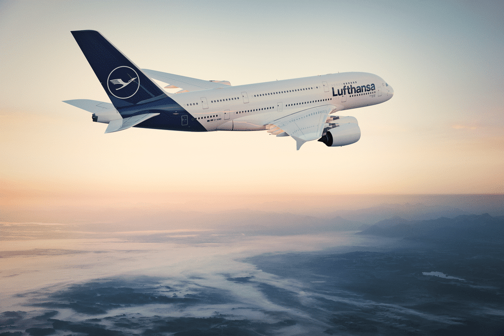 A Lufthansa A380 in flight.