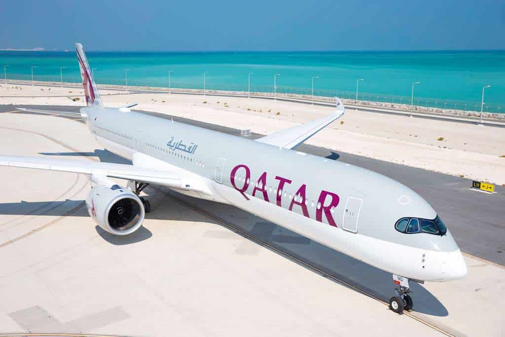 A Qatar Airways Airbus on the tarmac.