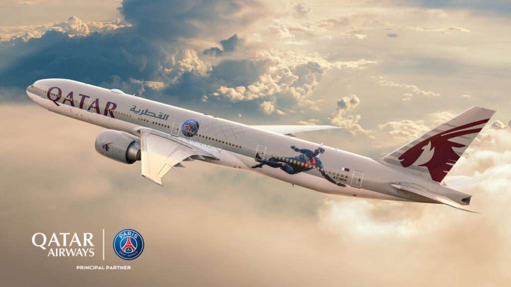 A Qatar Airways Being 777 in Paris-Saint Germaine team livery.