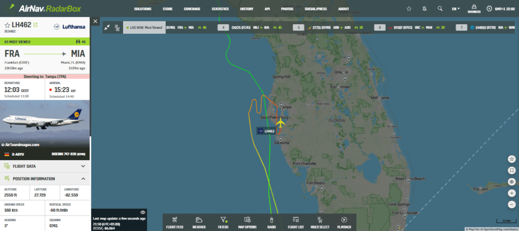 Lufthansa Boeing 747 To Miami Diverts to Tampa