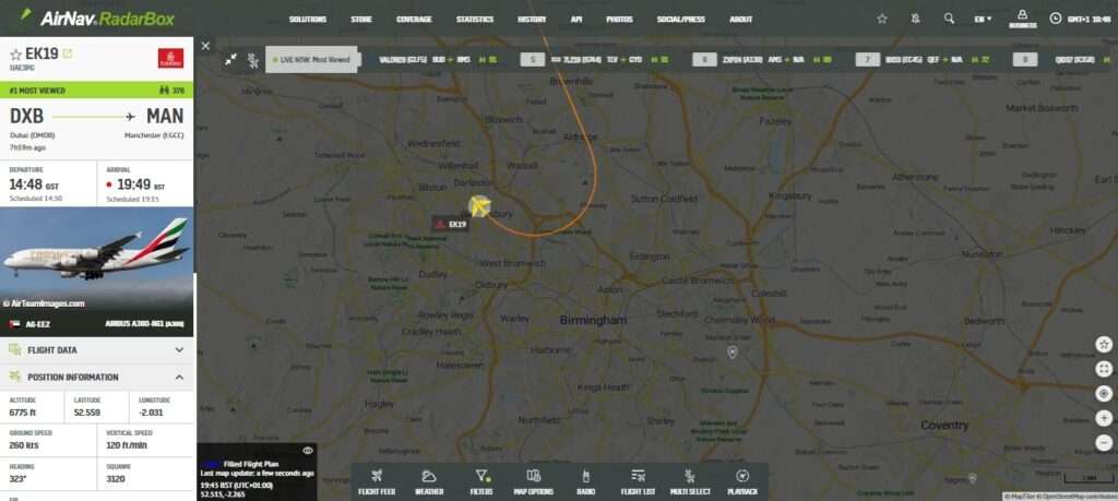 Emirates A380 Dubai-Manchester Is Diverting Due to Winds